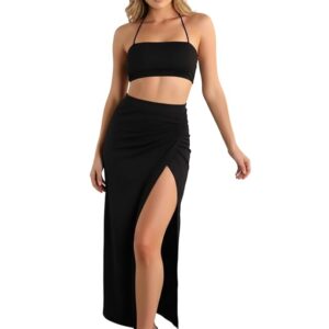 GRECIILOOKS Women Two Piece Co-Ord Set | Crop Top & High Slit Maxi Skirt | Party Look Stylish Summer Co Ord Set Outfit | Figure Hugging Maxi Dress|Perfect for Casual Outings