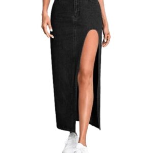 Solid High Waist Split Thigh Denim Maxi Skirt for Women's & Girl's